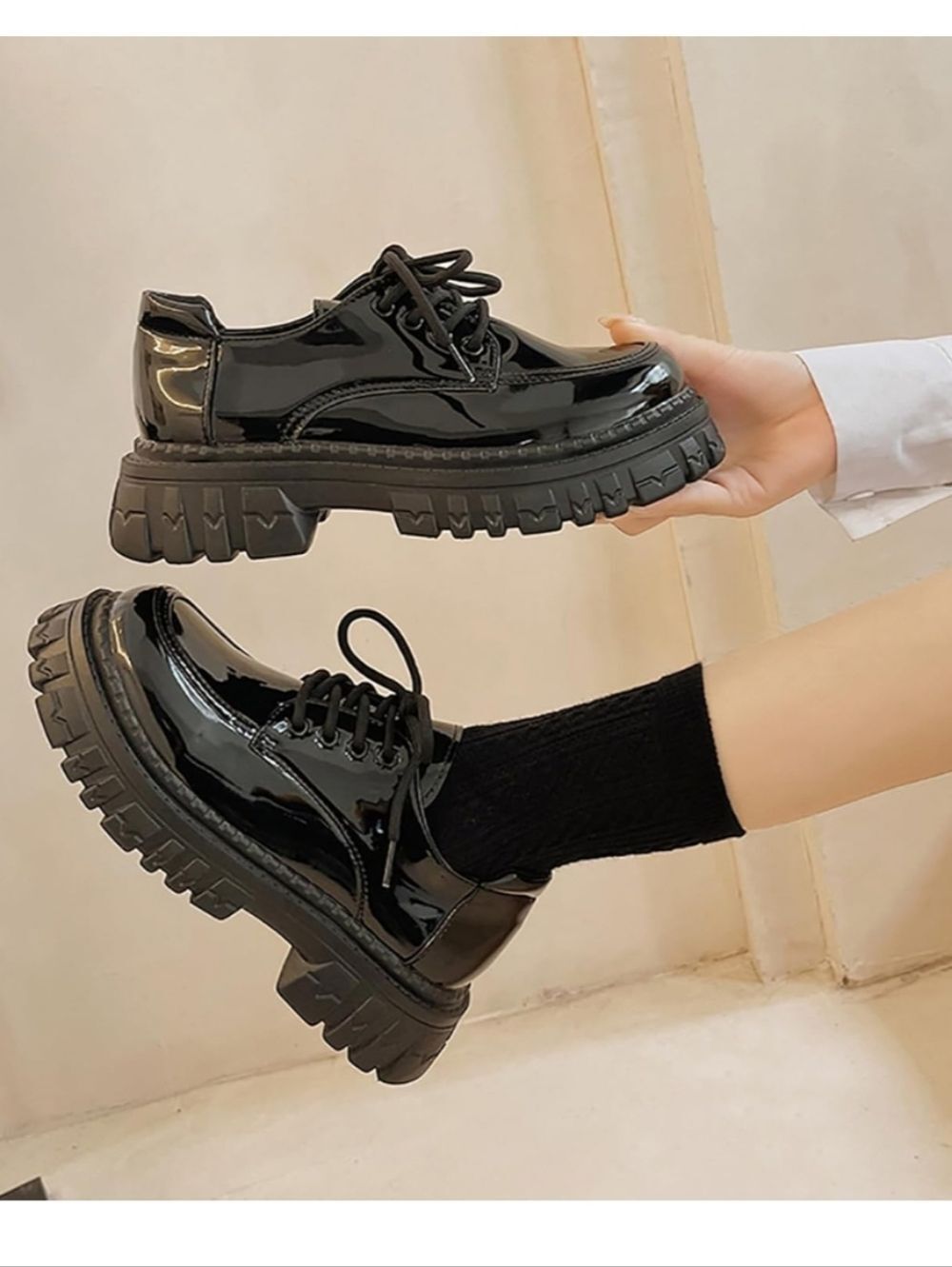 Chunky Patent Black Lace-Up Oxford Shoes for Women Size 36- US-6 NWOT
